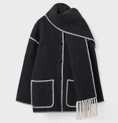 Sorvienne Oversized Blanket Stitch Scarf Coat in Black with Cream Trim