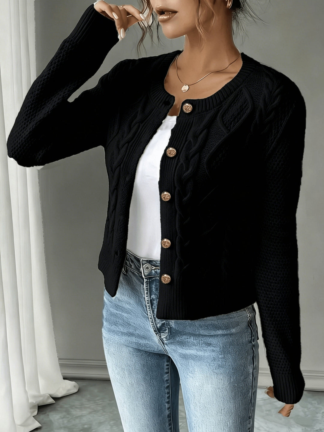 Sorvienne Cropped Cable Knit Cardigan in Black