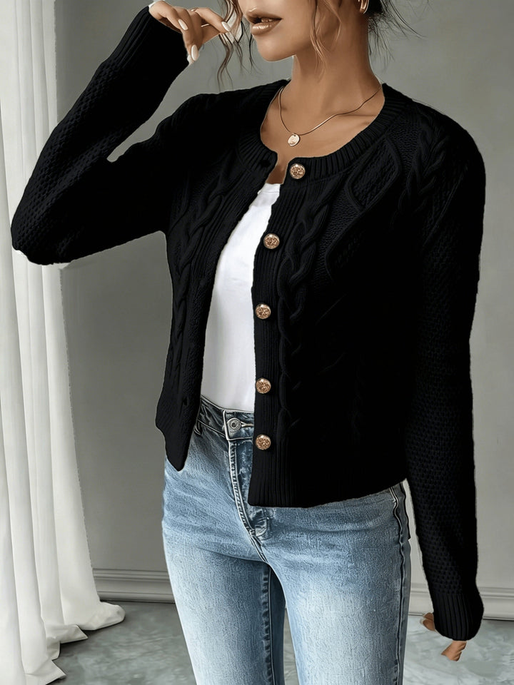 Sorvienne Cropped Cable Knit Cardigan in Black