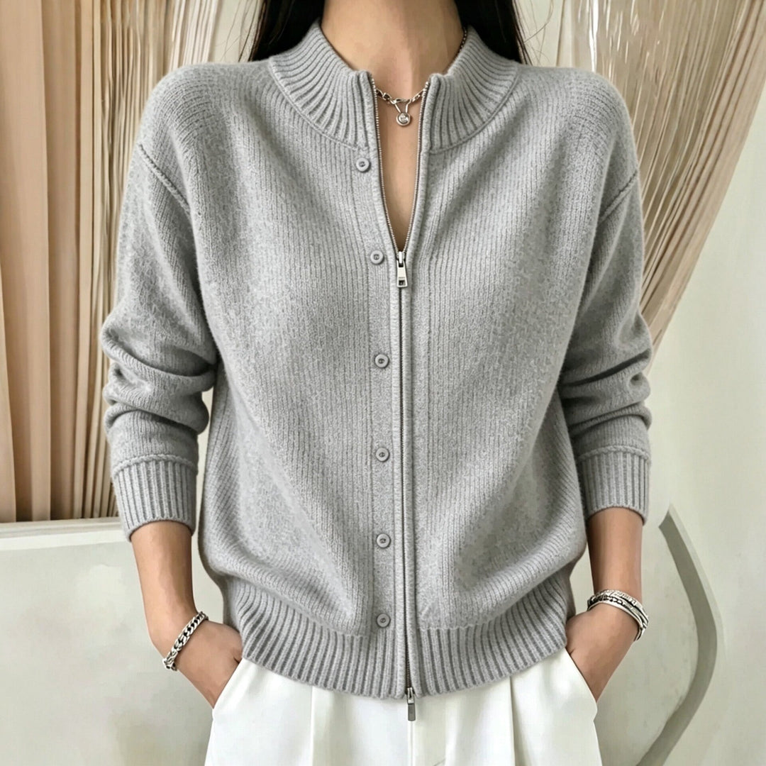 Sorvienne Mock Neck Zip Through Cardigan in Light Grey