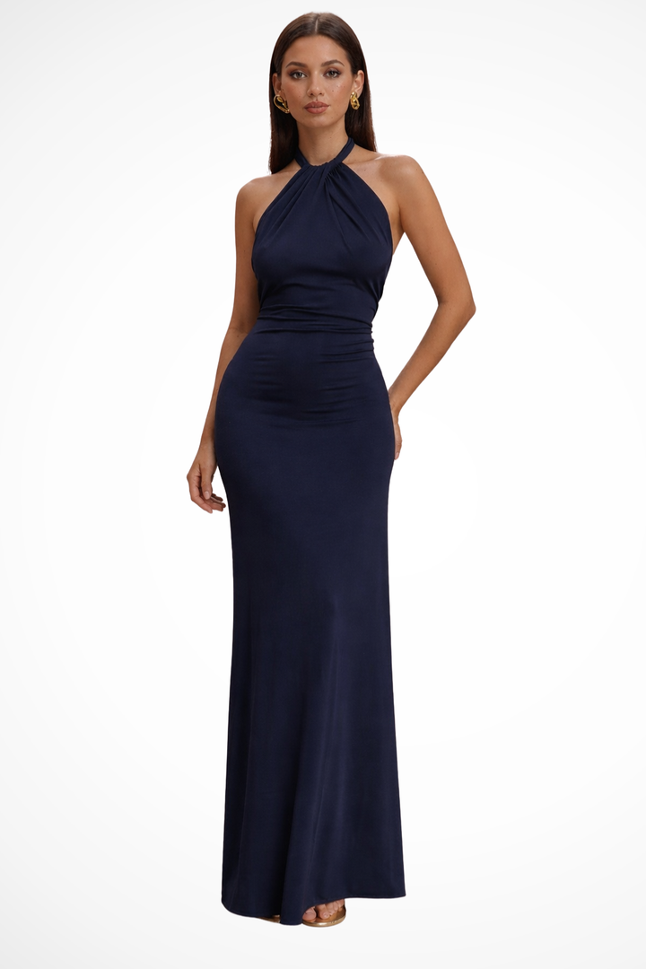 Sorvienne Women's Halter Neck Bodycon Maxi Dress in Navy Blue