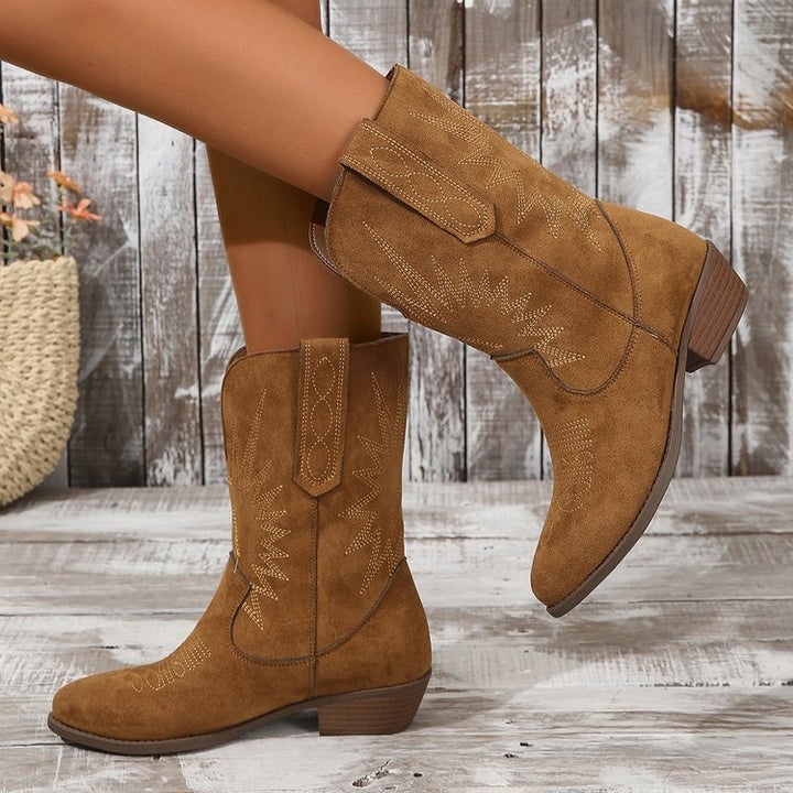 Sorvienne Embroidered Block Heel Cowboy Ankle Boots