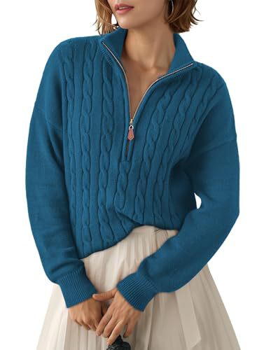 Sorvienne Relaxed Cable Knit Quarter Zip Jumper in Teal
