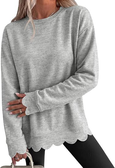 Sorvienne Relaxed Scallop Hem Crew Neck Sweatshirt in Light Grey