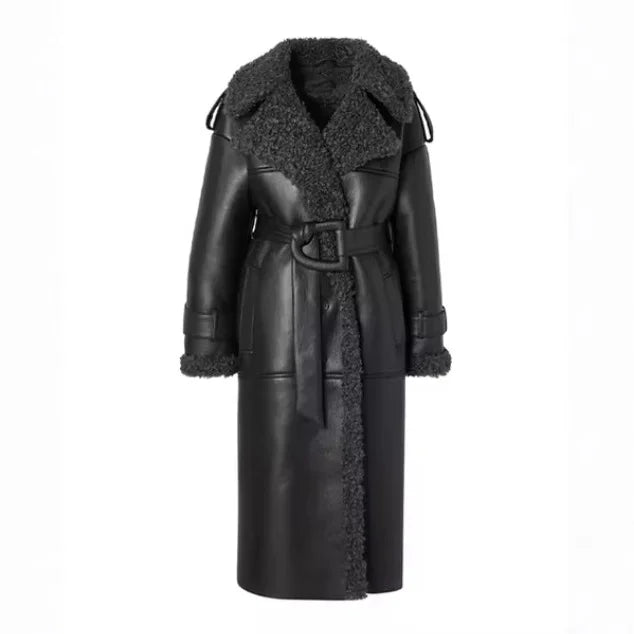 Sorvienne Oversized Belted Faux Leather Coat