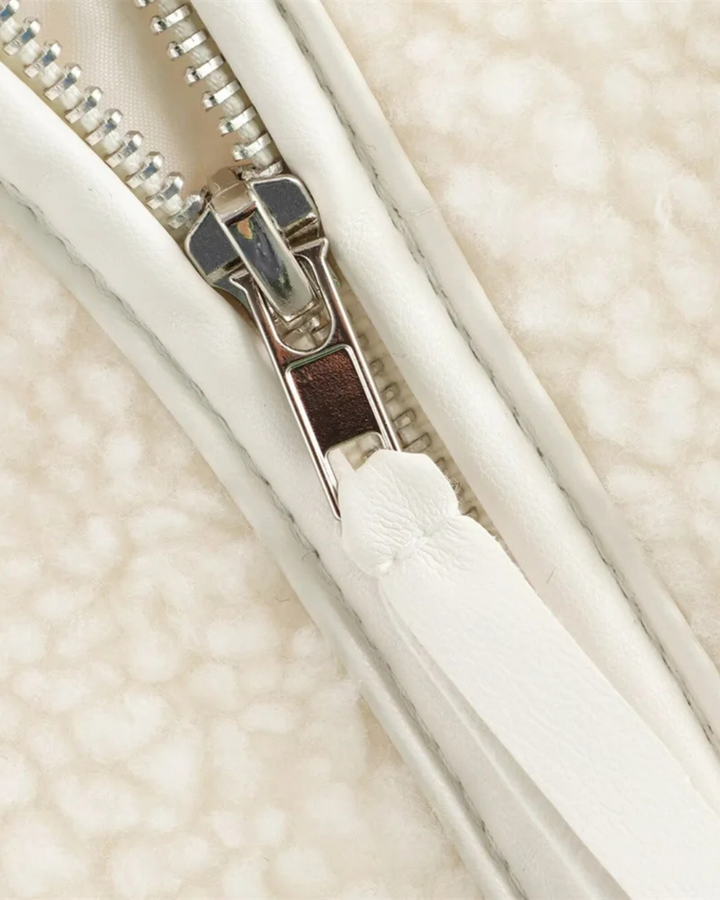 Sorvienne Oversized Zip Through Borg Jacket in Cream