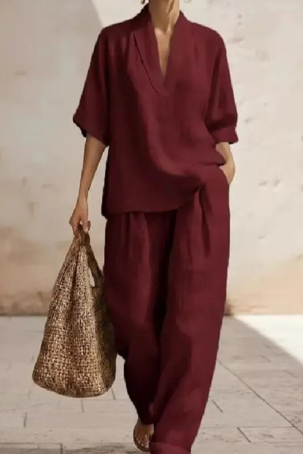 Sorvienne Women's Linen Wide Leg Co-Ord Set