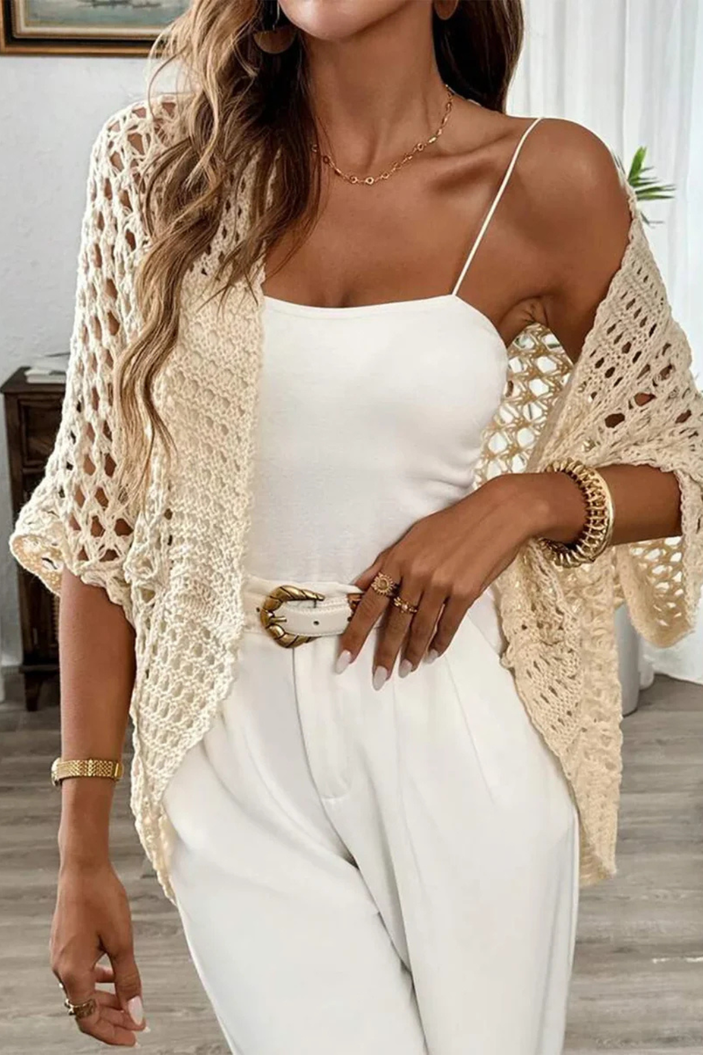 Sorvienne Women's Short Sleeve Crochet Cardigan