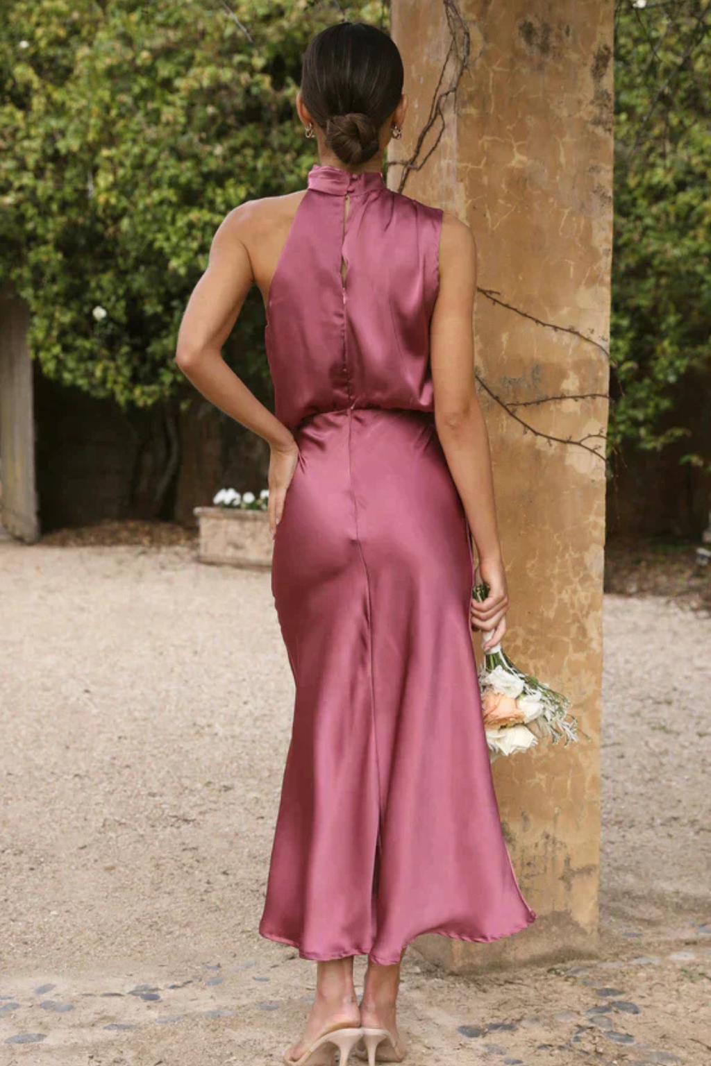 Sorvienne Women's Satin Halter Neck Midi Dress