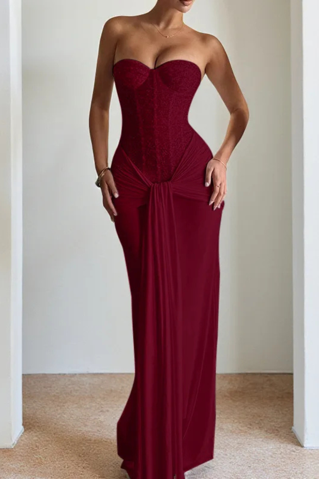 Sorvienne Women's Lace Corset Strapless Draped Maxi Dress