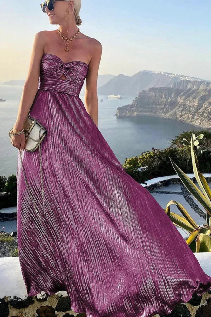Sorvienne Strapless Twist Front Pleated Maxi Dress in Purple
