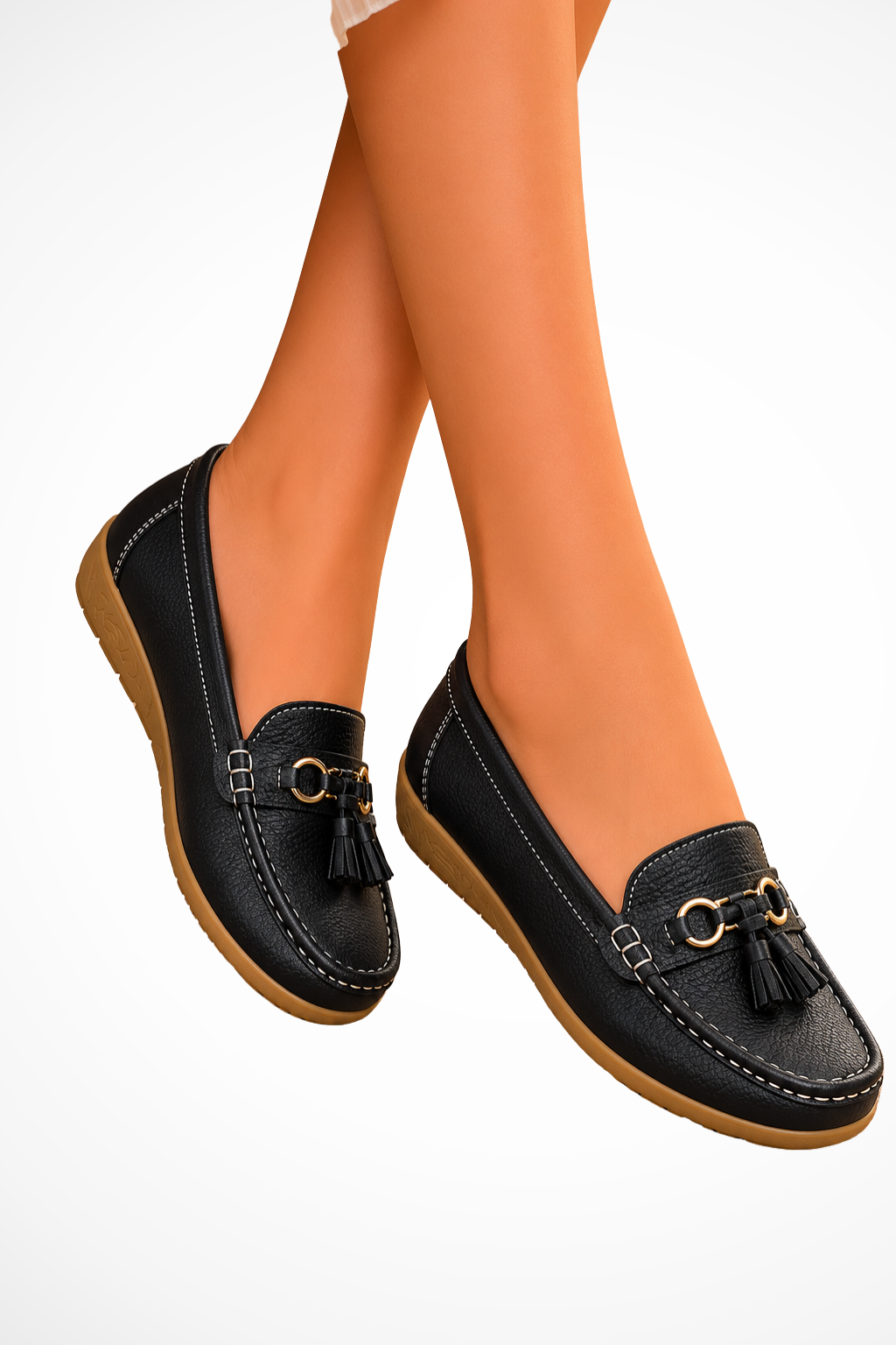 Sorvienne Tassel Leather Orthopaedic Loafers in Black