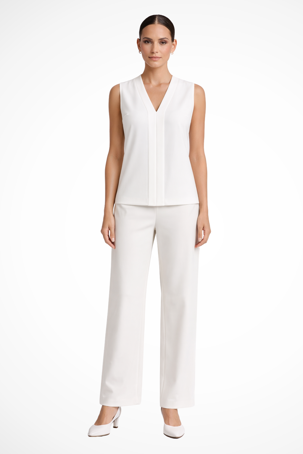 Sorvienne Women's Sleeveless V Neck Blouse in White