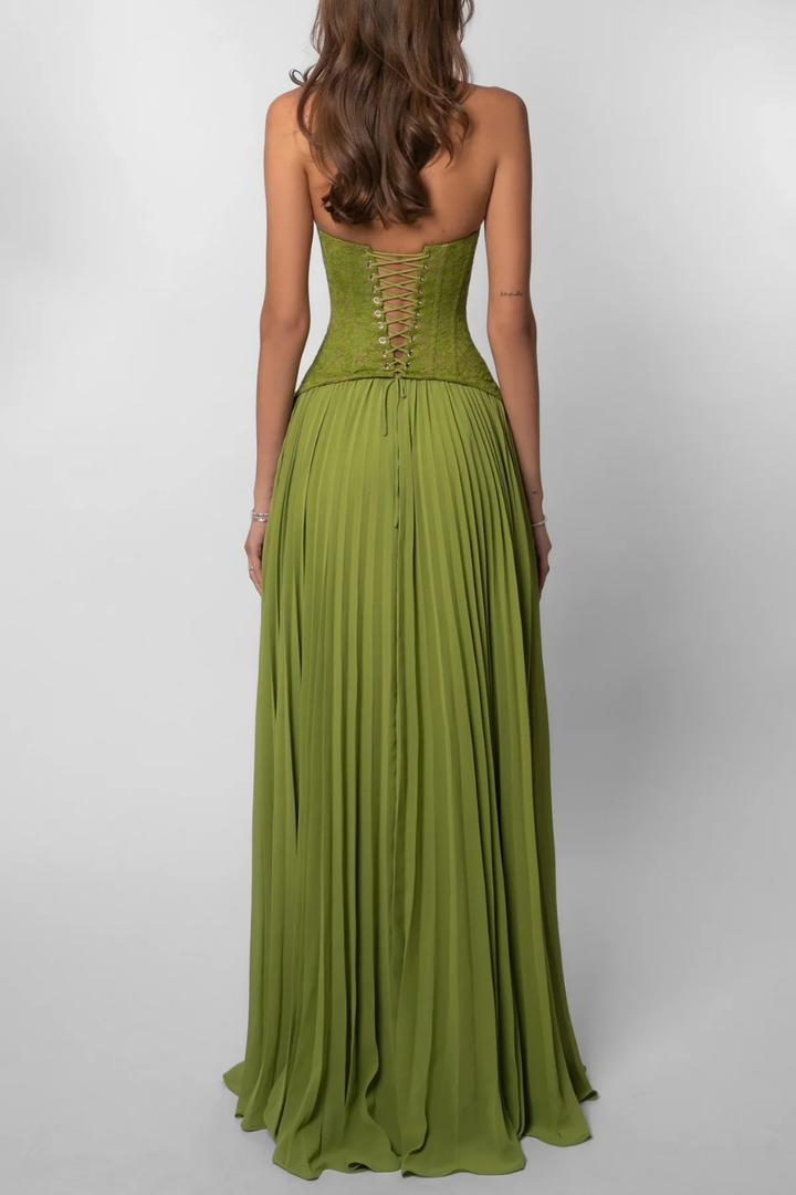 Sorvienne Halter Lace Corset Flowing Maxi Dress