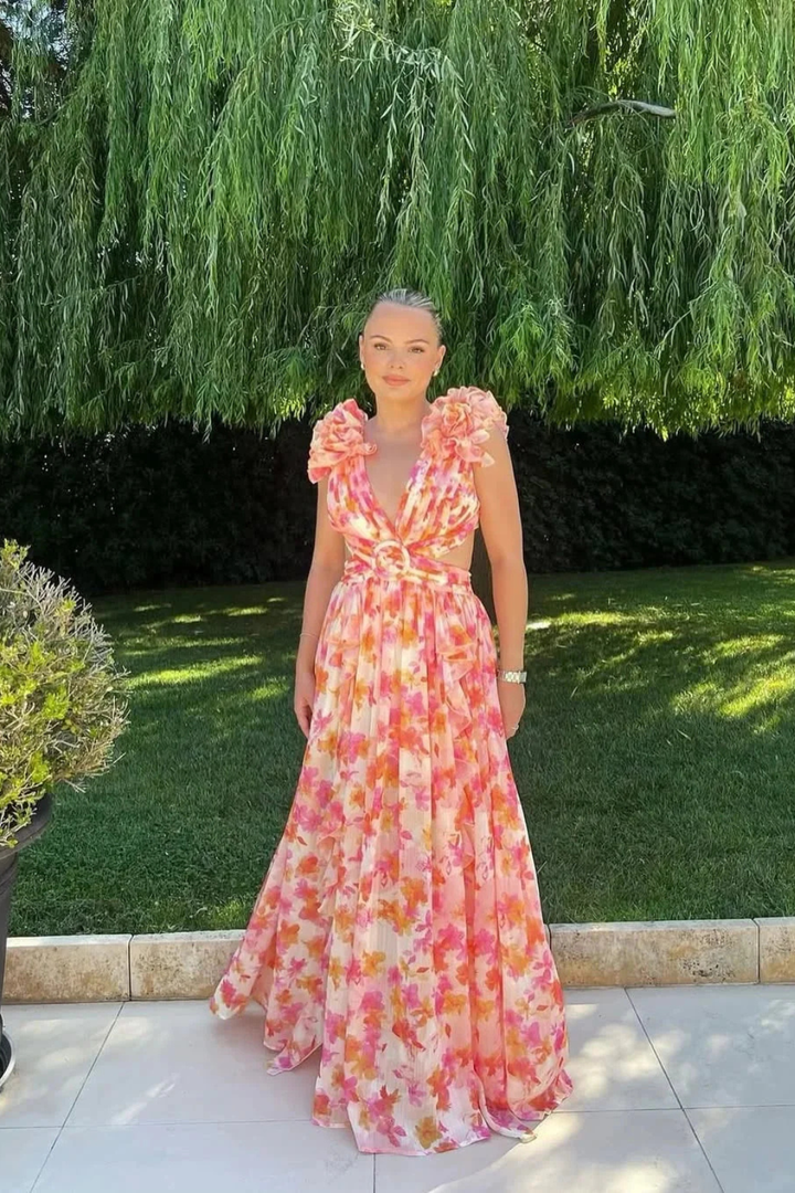Sorvienne Floral Ruffle V-Neck Flowing Maxi Dress in Orange