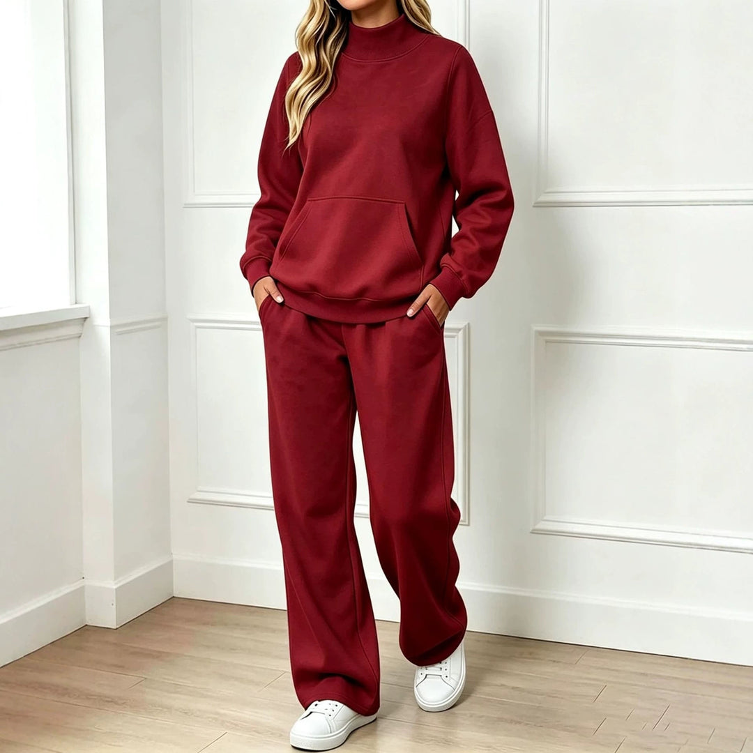 Sorvienne Relaxed Mock Neck Sweatshirt and Joggers Set in Burgundy