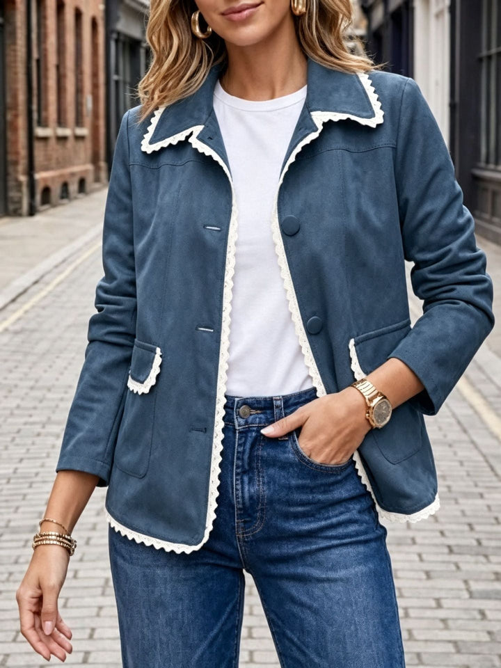 Sorvienne Tailored Contrast Trim Faux Suede Jacket in Denim Blue