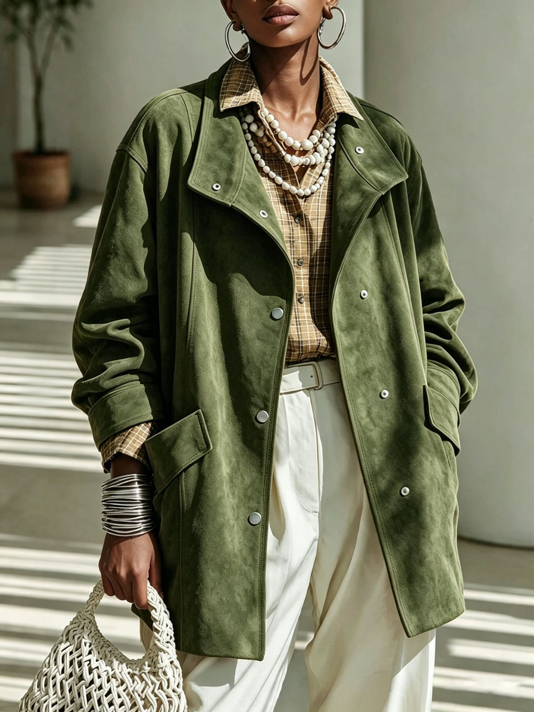 Sorvienne Relaxed Mid Length Suede Effect Coat in Olive