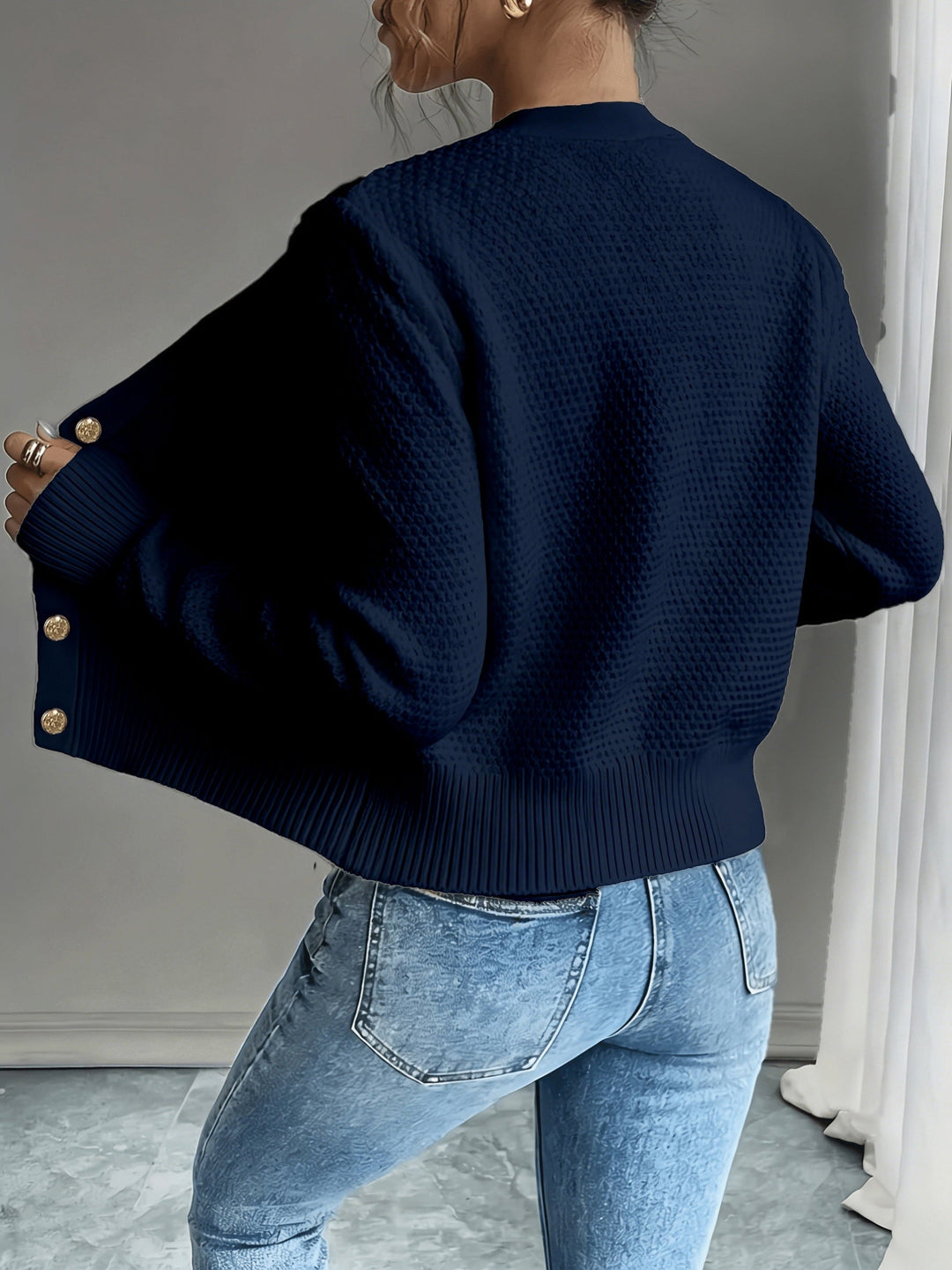 Sorvienne Cropped Cable Knit Cardigan in Navy