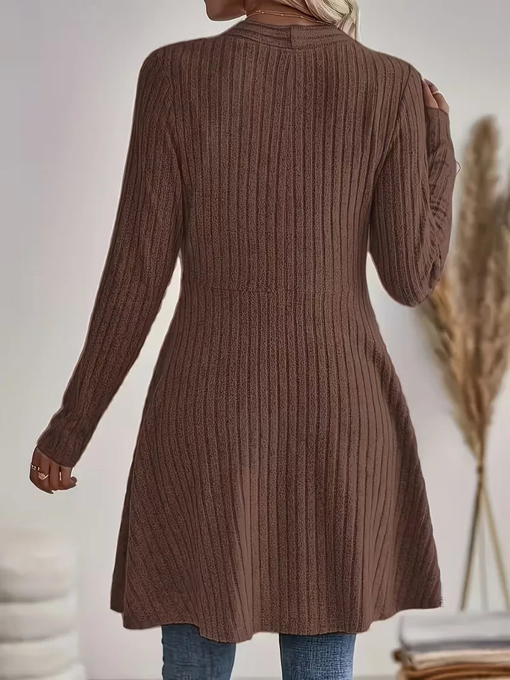 Sorvienne Ribbed Edge to Edge Longline Cardigan in Brown