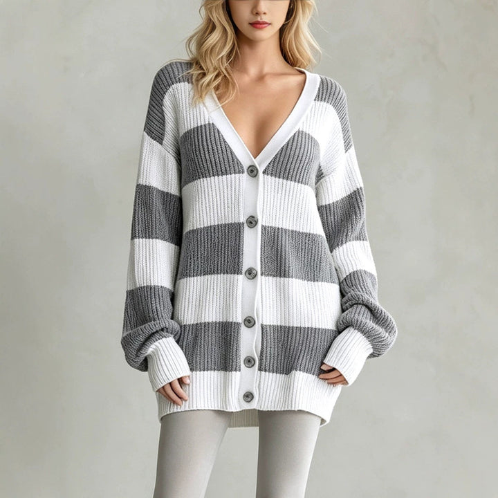 Sorvienne Oversized Button Front Striped Cardigan in Grey Stripe