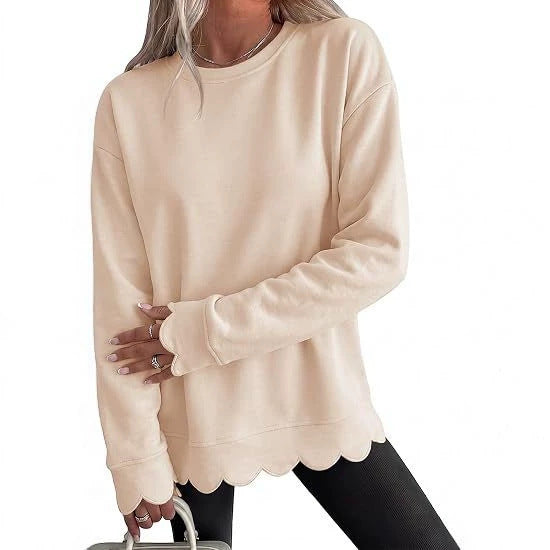 Sorvienne Relaxed Scallop Hem Crew Neck Sweatshirt in Cream