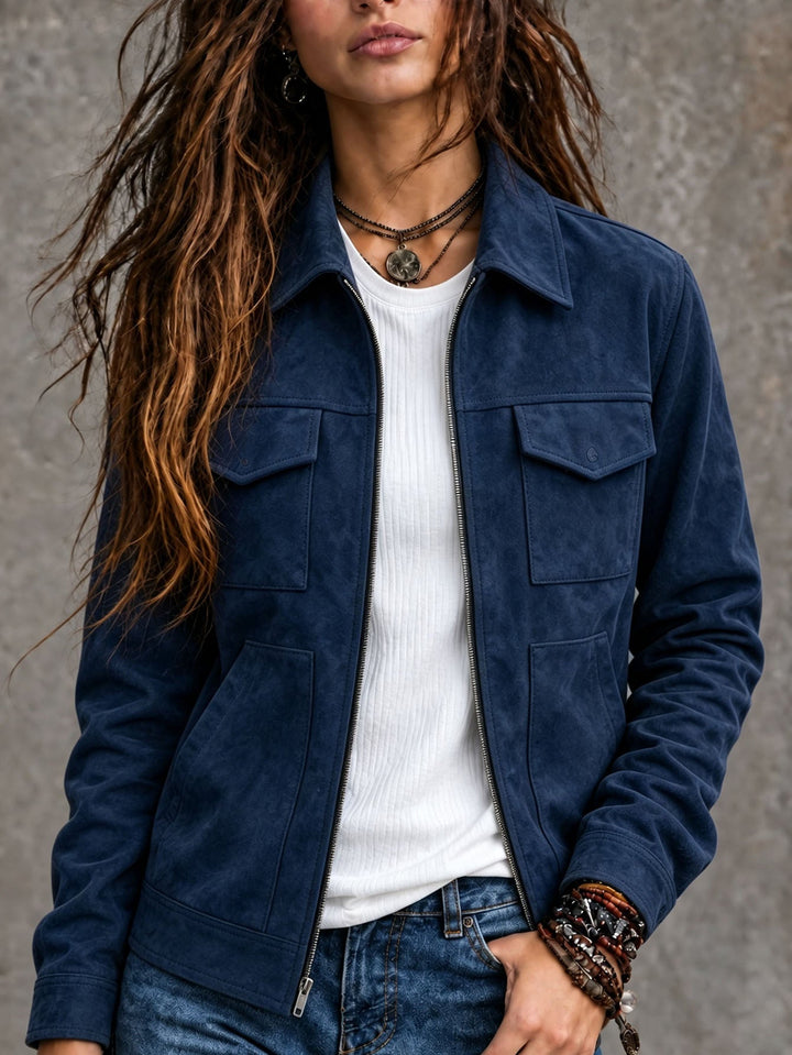 Sorvienne Relaxed Zip Front Suede Effect Jacket in Navy