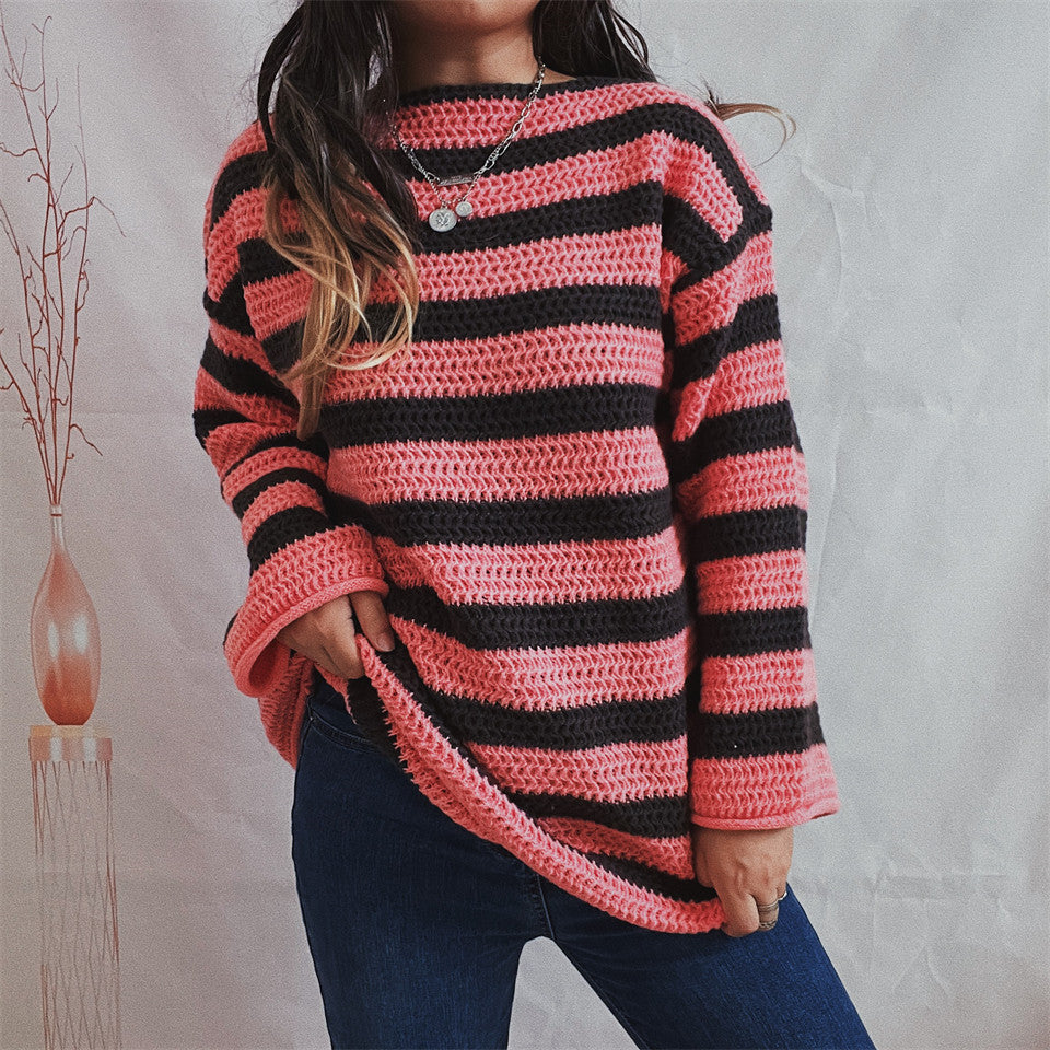 Sorvienne Oversized Striped Jumper in Chunky Knit in Pink Stripe