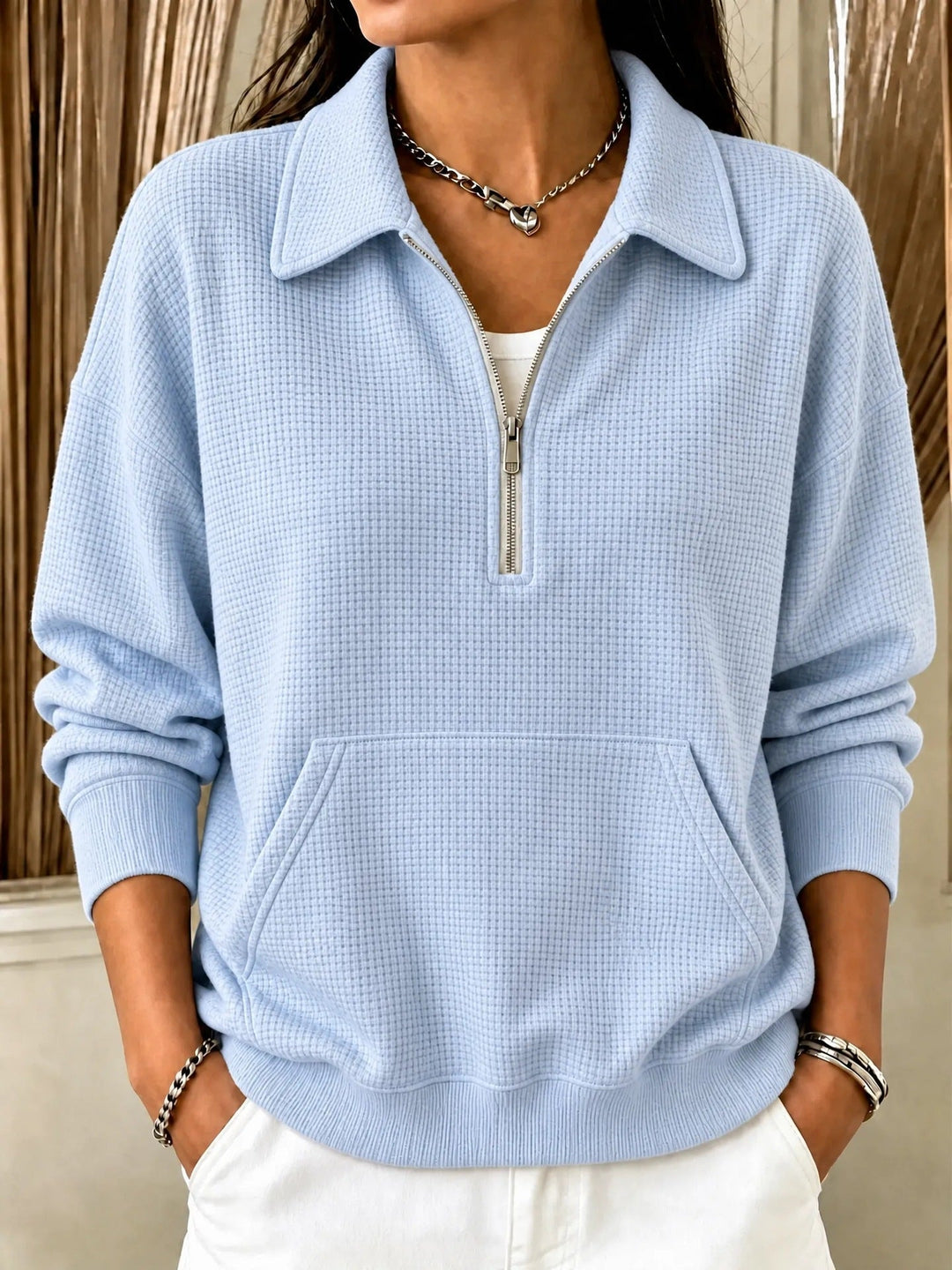Sorvienne Relaxed Waffle Collared Half Zip Sweatshirt in Light Blue