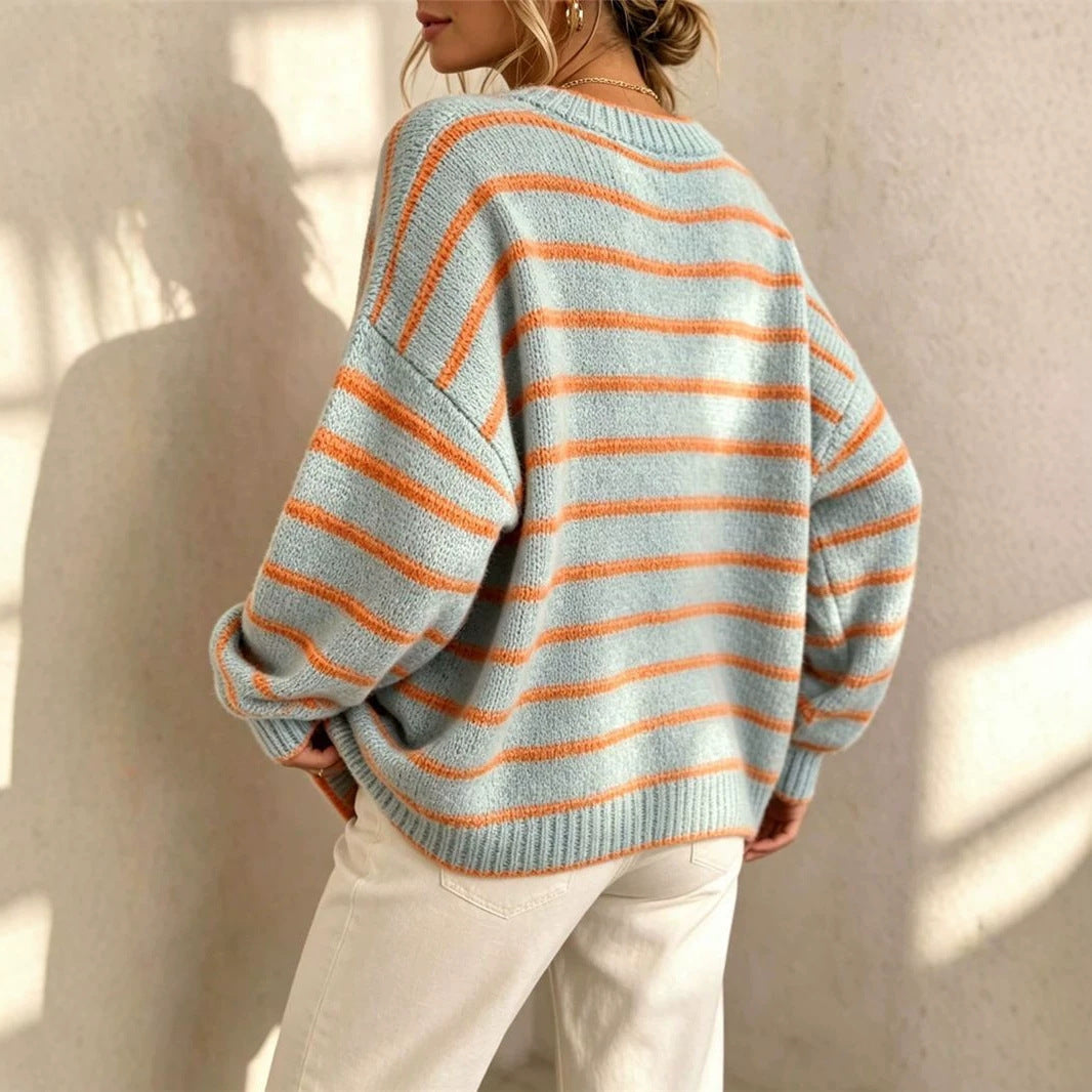 Sorvienne Relaxed Crew Neck Striped Jumper in Blue Stripe