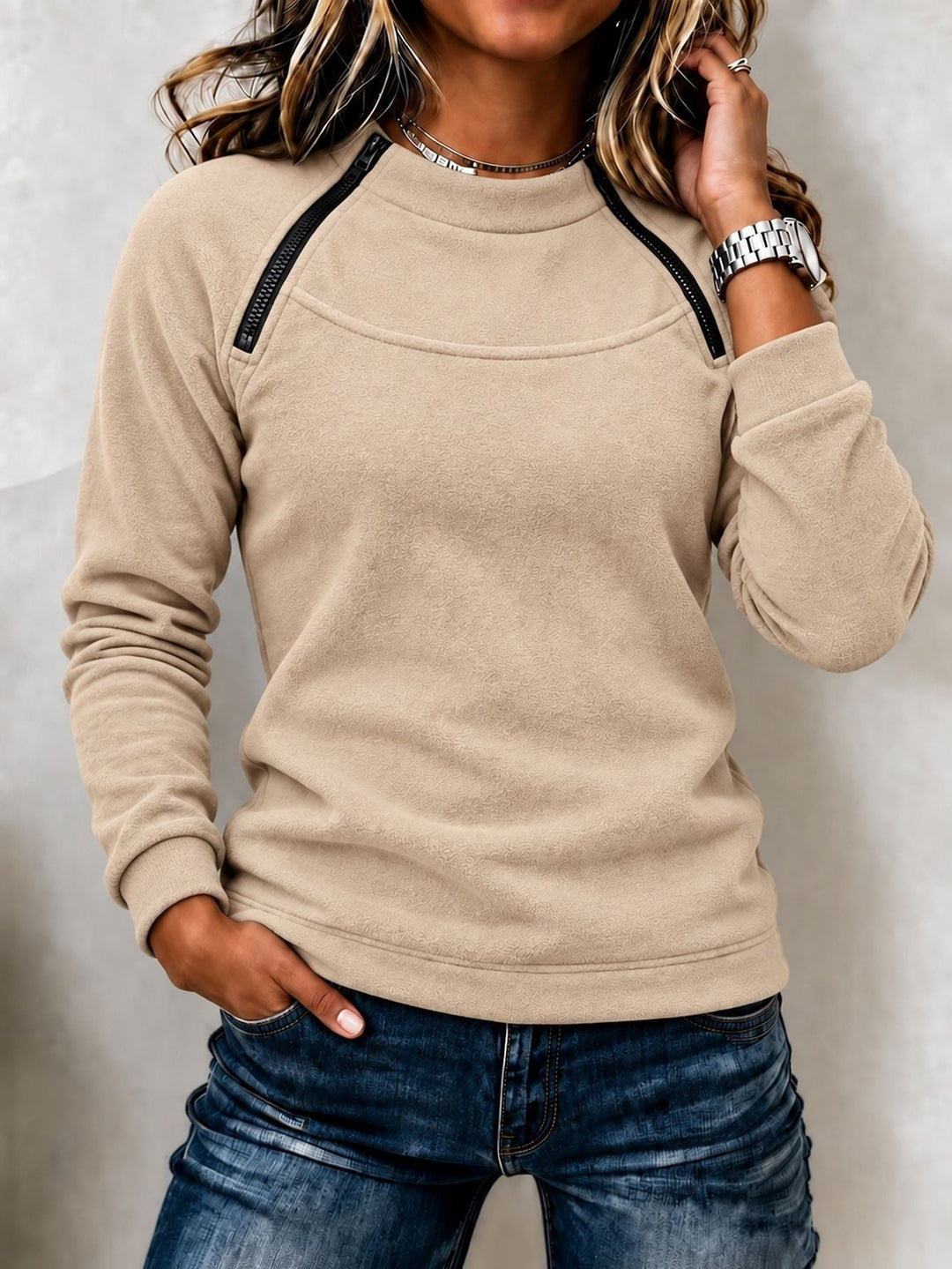 Sorvienne Relaxed Zip Detail Raglan Sweatshirt in Beige