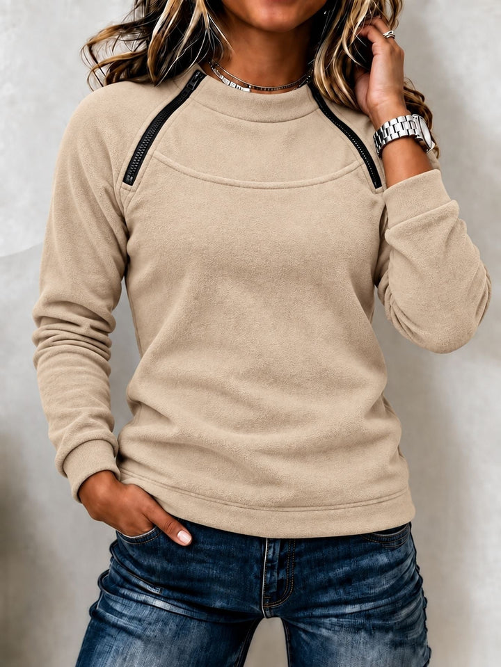 Sorvienne Relaxed Zip Detail Raglan Sweatshirt in Beige