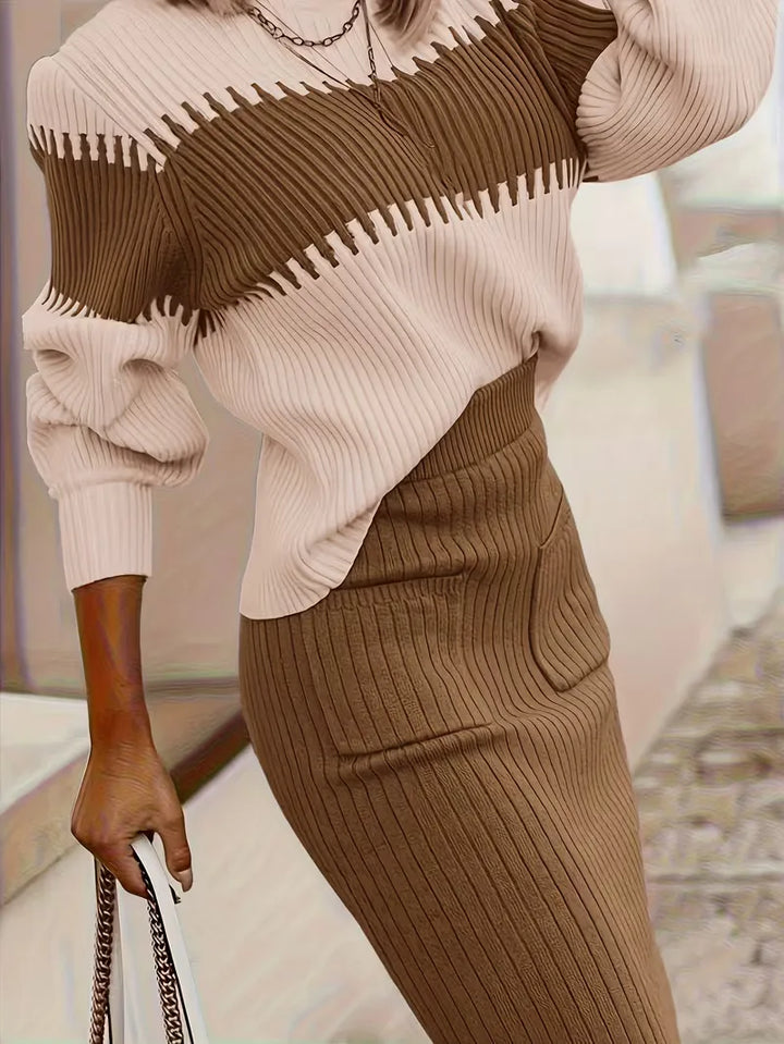 Sorvienne Relaxed Colour Block Knit Skirt Set in Mocha