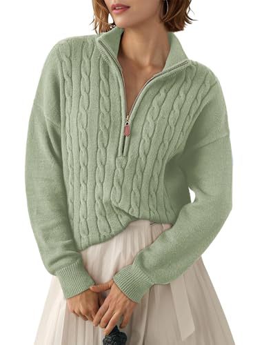 Sorvienne Relaxed Cable Knit Quarter Zip Jumper in Sage Green