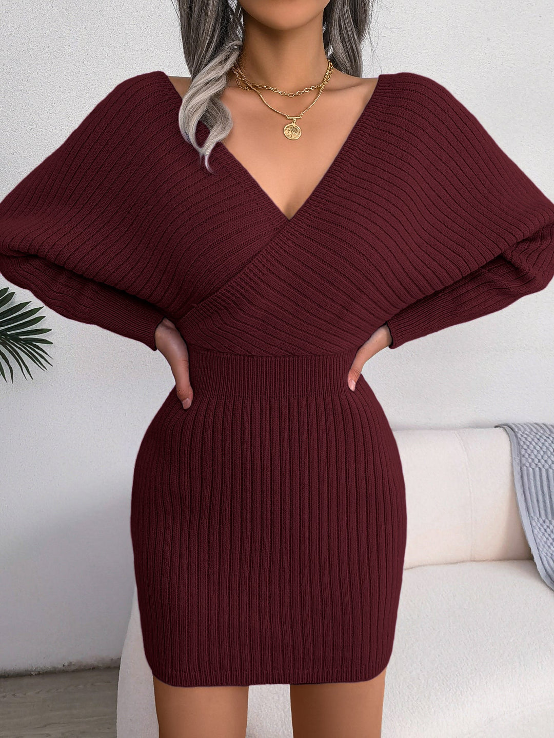Sorvienne Slim Wrap V Neck Knitted Mini Dress in Burgundy