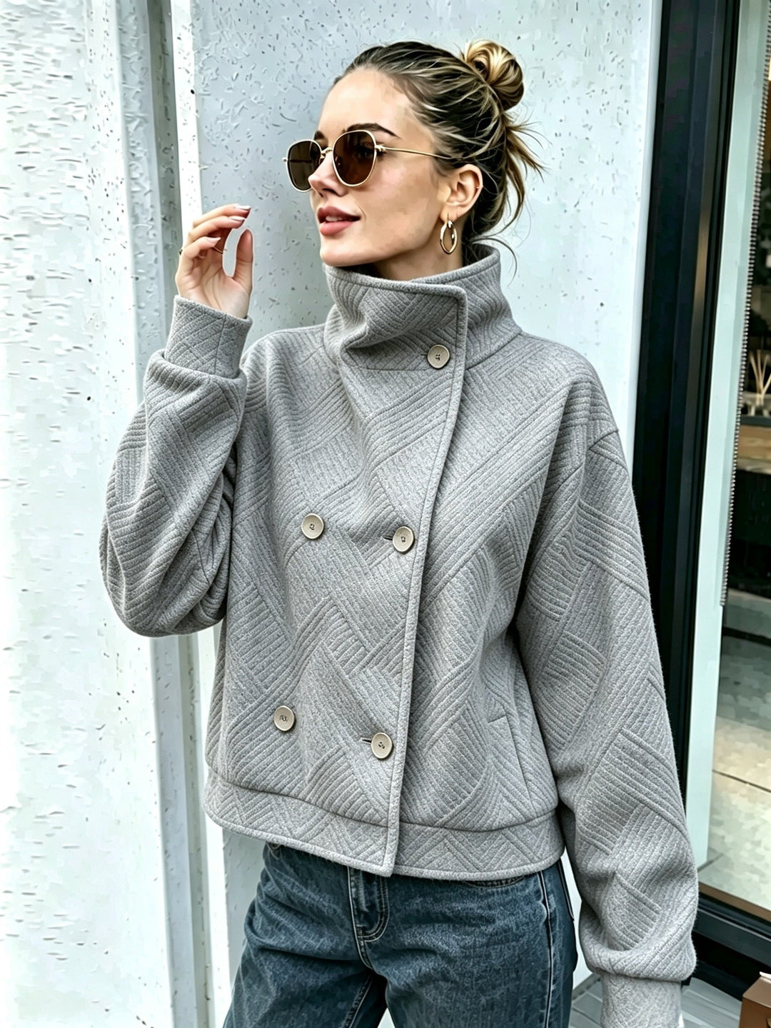 Sorvienne Textured Double Breasted Funnel Neck Jacket in Grey