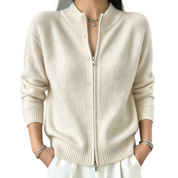 Sorvienne Mock Neck Zip Through Cardigan in Ivory