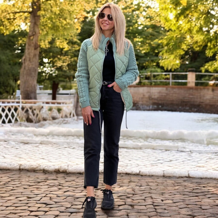Sorvienne Relaxed Quilted Jacket with Knit Sleeves in Mint
