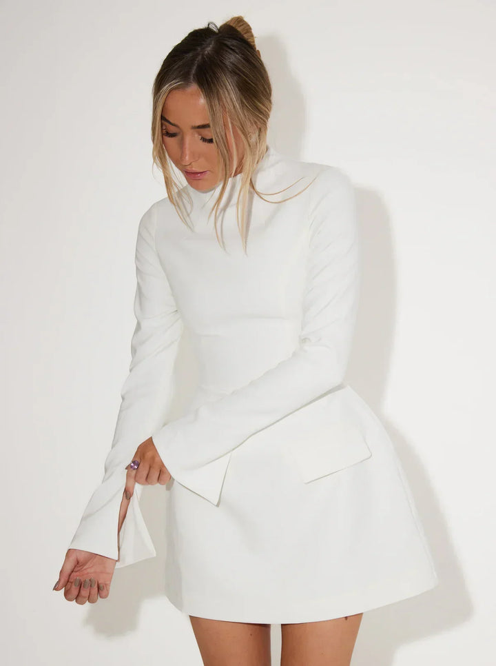 Sorvienne Tailored Flared Long Sleeve Mini Dress in White