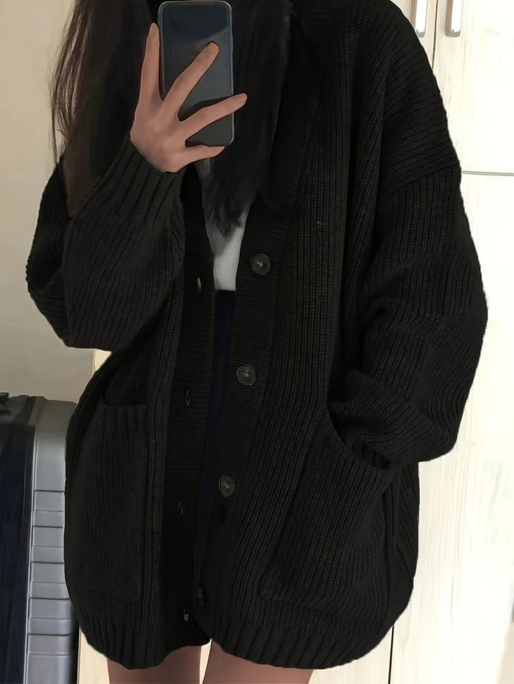 Sorvienne Oversized Cardigan with Deep Patch Pockets in Black