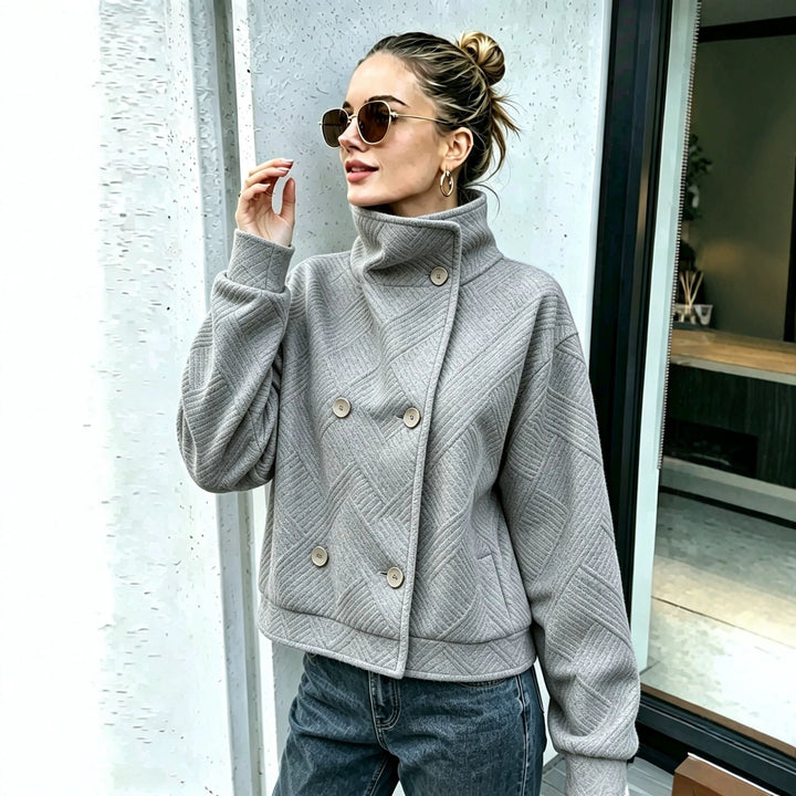 Sorvienne Textured Double Breasted Funnel Neck Jacket in Grey