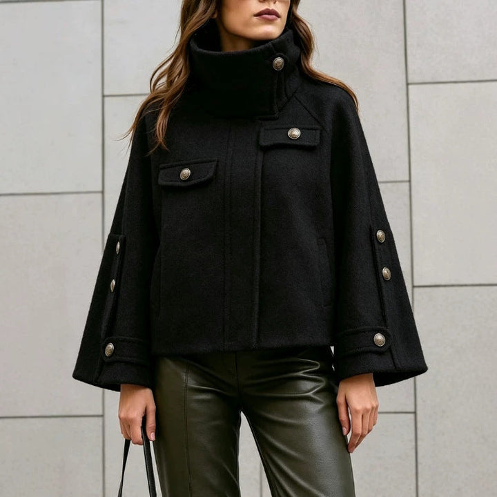 Sorvienne Relaxed Stand Collar Button Cape Jacket