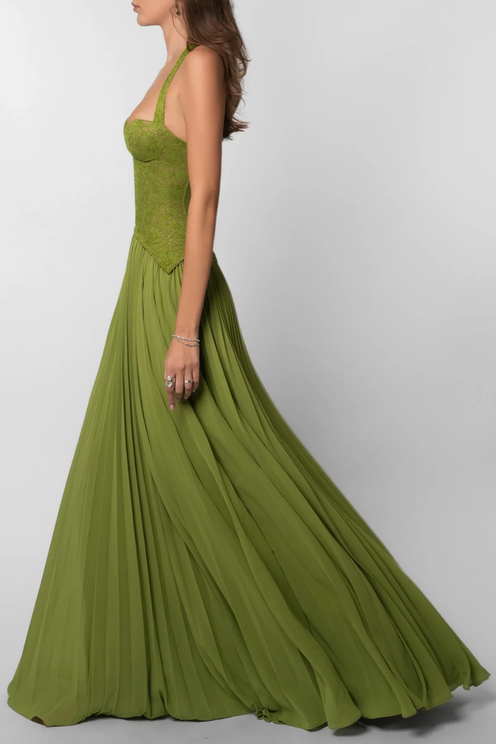 Sorvienne Halter Lace Corset Flowing Maxi Dress