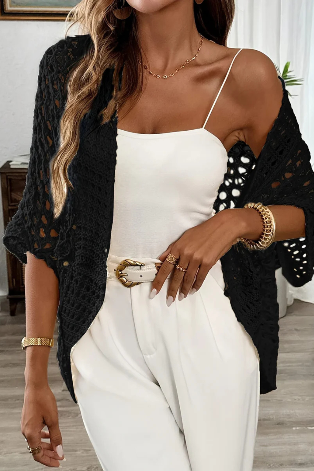 Sorvienne Women's Short Sleeve Crochet Cardigan