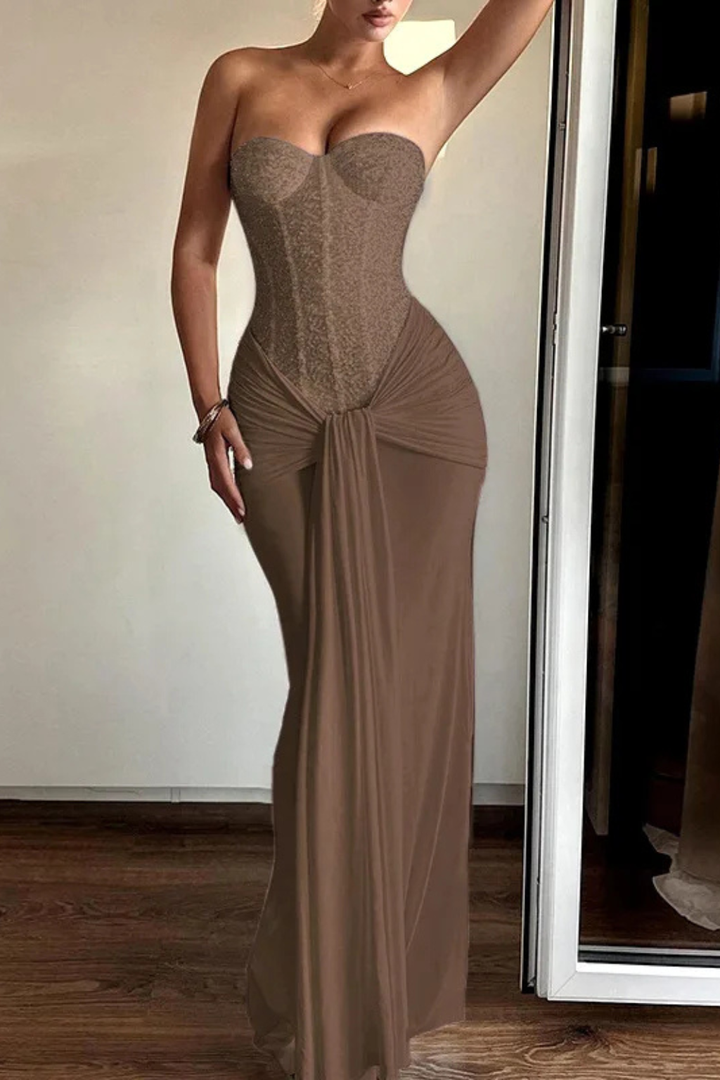 Sorvienne Women's Lace Corset Strapless Draped Maxi Dress