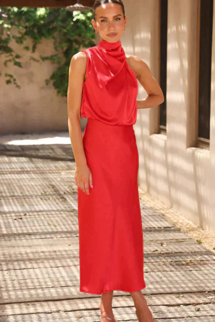 Sorvienne Women's Satin Halter Neck Midi Dress