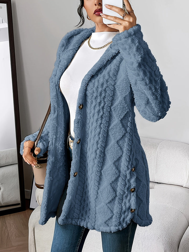 Sorvienne Relaxed Cable Texture Hooded Fleece Cardigan in Denim Blue