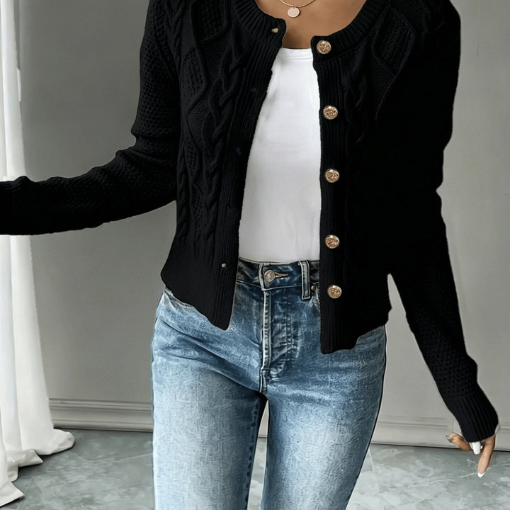 Sorvienne Cropped Cable Knit Cardigan in Black