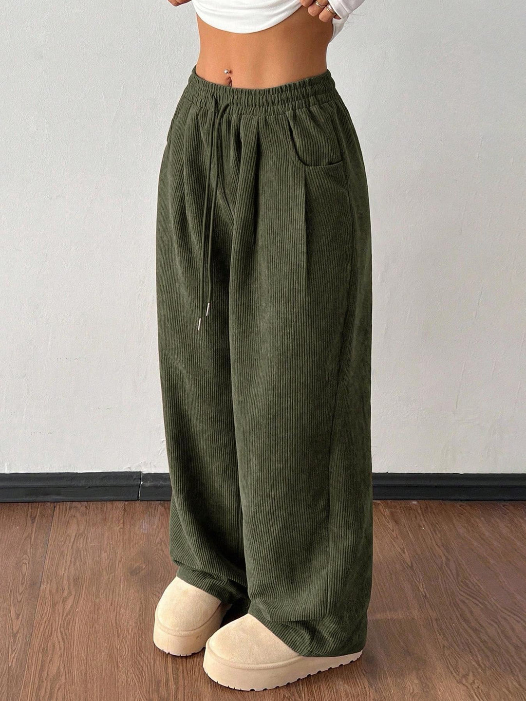 Sorvienne Relaxed Drawstring Wide Leg Cord Trousers in Olive