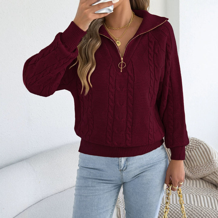 Sorvienne Relaxed Collared Cable Knit Half Zip Jumper in Burgundy